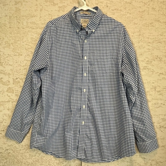 L.L. Bean Royal Blue White Gingham Check Button Shirt Sz L Wrinkle Resistant - Picture 1 of 16